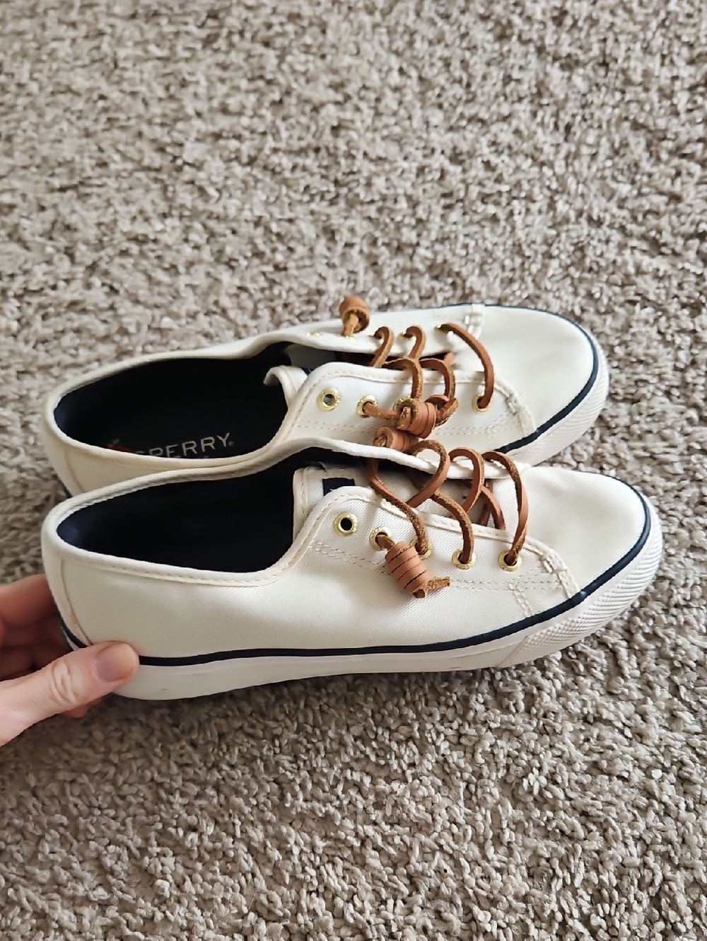 Sperry Cream Leather Low-Top Sneakers with Brown Laces